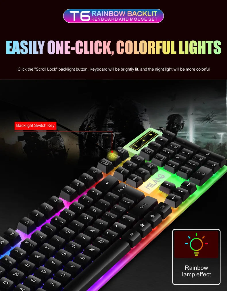 Rainbow Backlit Wired Keyboard & Mouse Combo