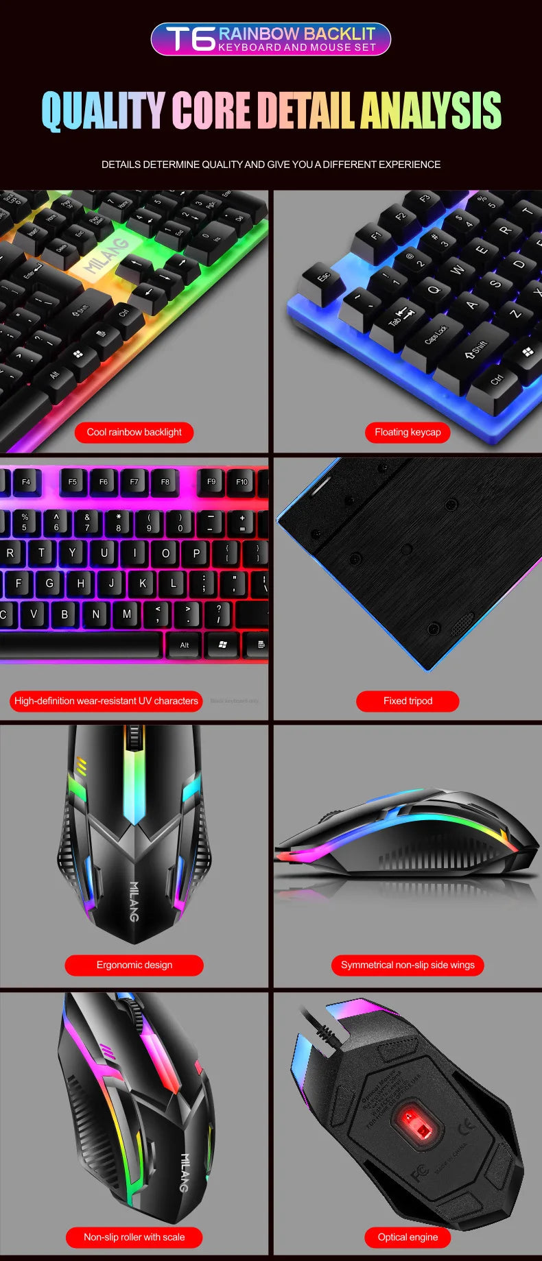 Rainbow Backlit Wired Keyboard & Mouse Combo